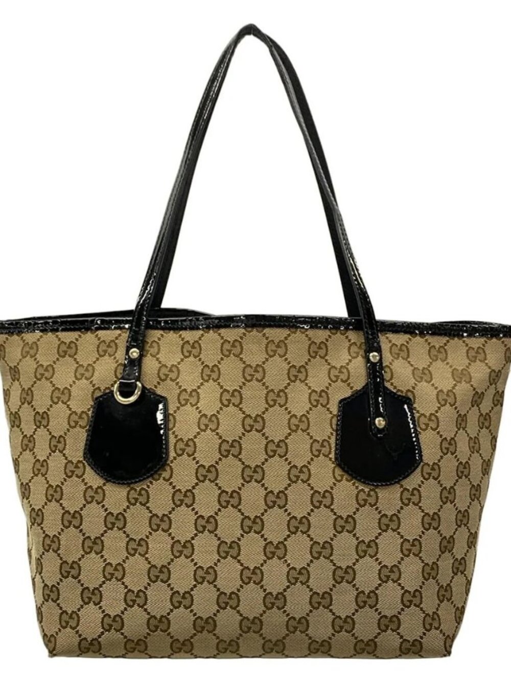 GUCCI GG 211976 Dark Brown Beige Black Jacquard Patent Leather Tote Bag - Picture 1 of 15